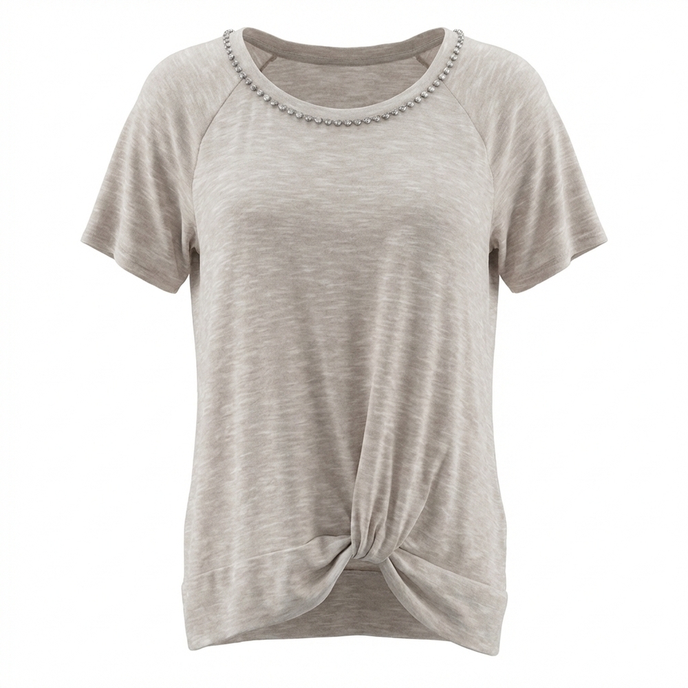 Woman's Juicy Couture Knotted Short Sleeve Embellished Neckline Blouse